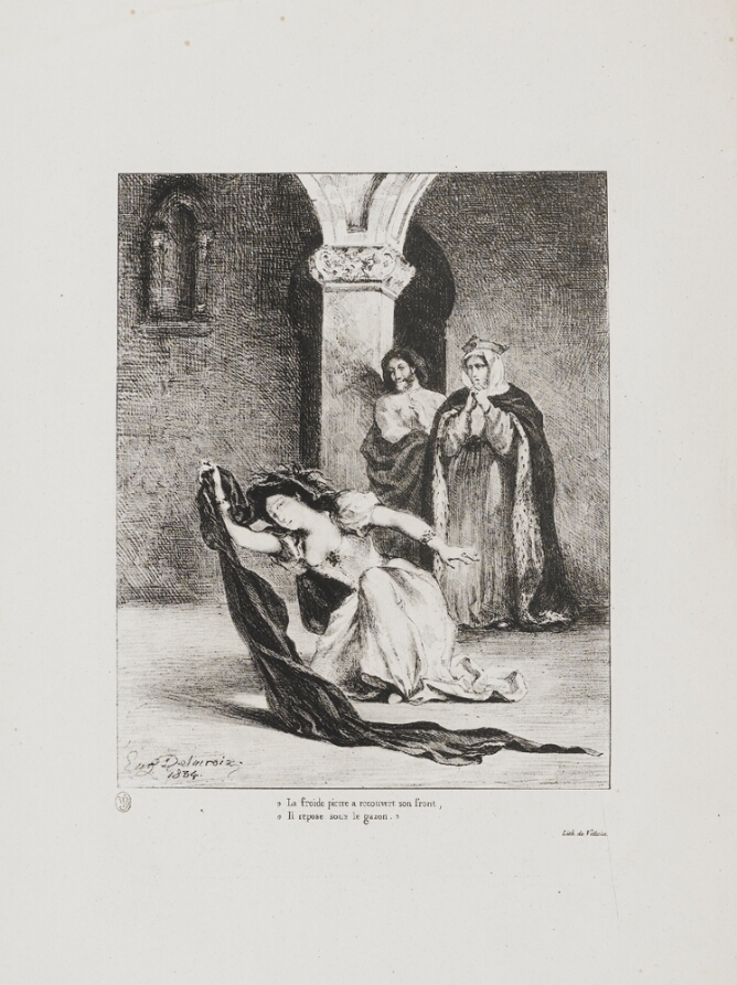A black and white print of a young woman kneeling on the ground, holding up a cloth, and facing away from two figures standing by a column