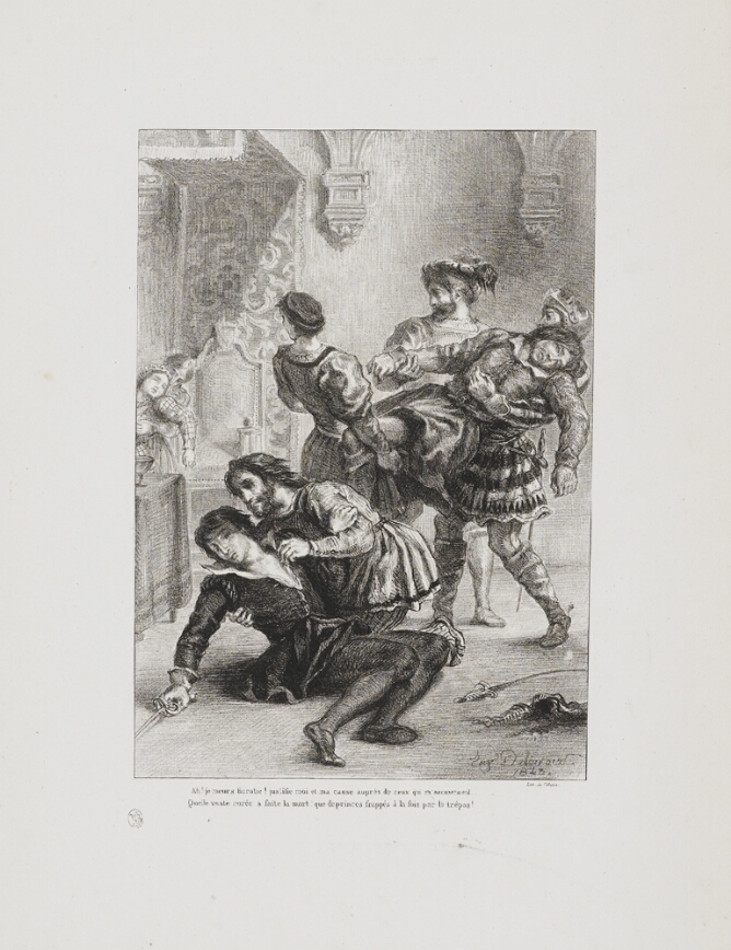 A black and white print of a kneeling man holding up a fallen man. Behind them, three men carry the lifeless body of a man