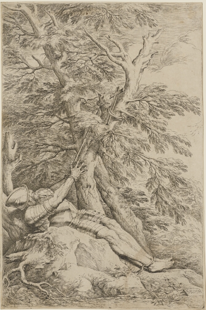 A black and white print of a man in armor lying on a rock with his wrists tied to a tree branch above him