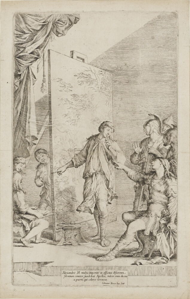 A black and white print of a man standing in front of a tall painting, facing a group of men in armor