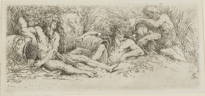 A black and white print of figures lounging on the ground, holding overturned vessels