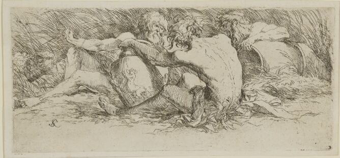 A black and white print of figures engaging with each other, lounging on the ground with vessels