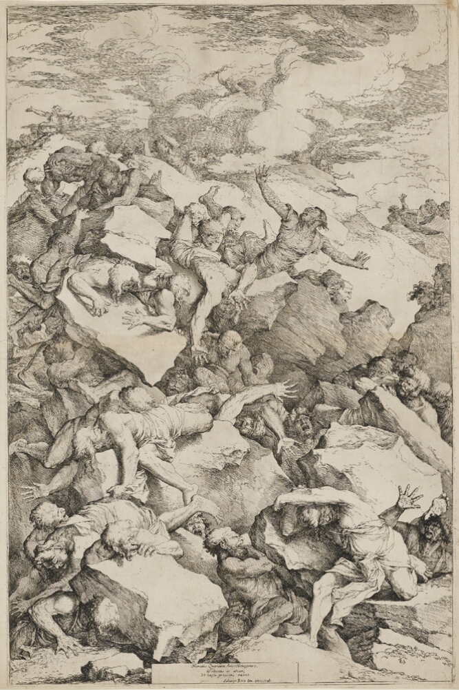 A black and white print of figures falling and being crushed by boulders and each other
