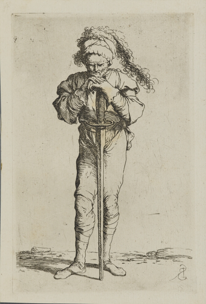 A black and white print of a man standing with a sword positioned vertically on the ground, resting his head and hands on its handle