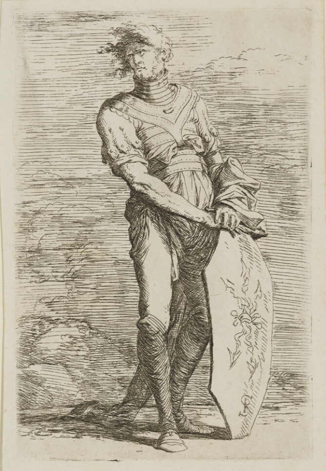 A black and white print of a standing man resting his hands on the top of his shield