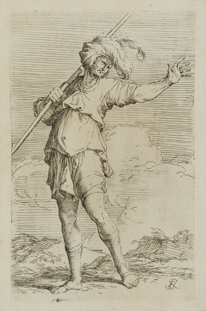 A black and white print of a man holding a cane by his shoulder with his right hand, while reaching out towards the viewer's right with his left hand