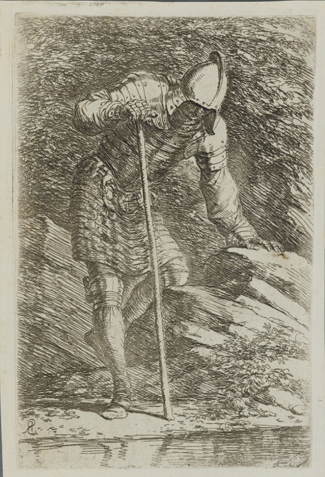 A black and white print of a man in armor standing with one hand on a cane and the other hand on a rock, bending over to view a stream