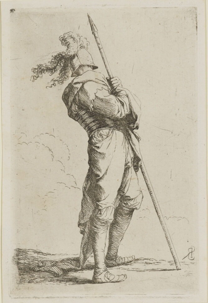 A black and white print of a standing man turned away from the viewer, holding an upright spear close to his chest