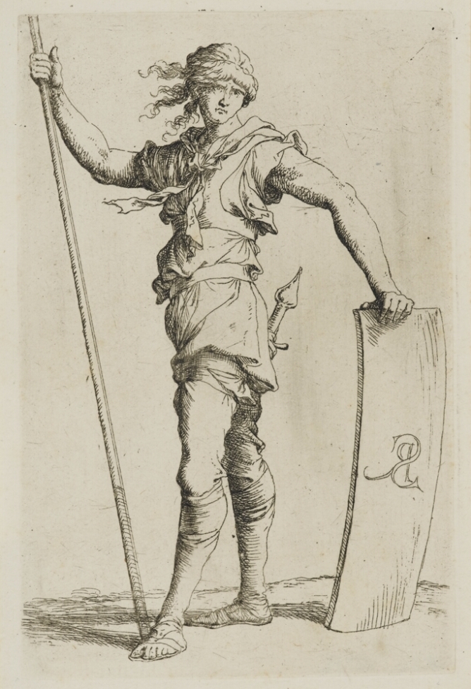 A black and white print of a man standing with a long cane in his right hand, while his left hand holds an upright shield with the inscription, SR