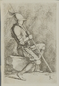The Works of Salvator Rosa: Soldier Seated, in a Helmet, Holding a Cane