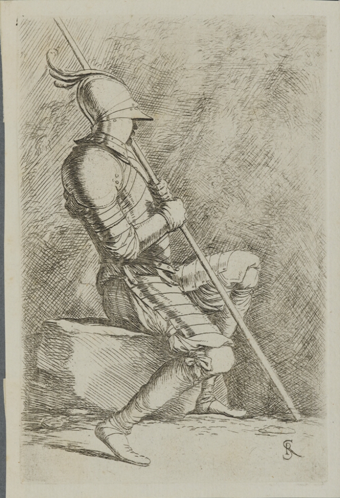 A black and white print of a man in armor sitting on a stone, facing the viewer's right, holding a long cane by his shoulder