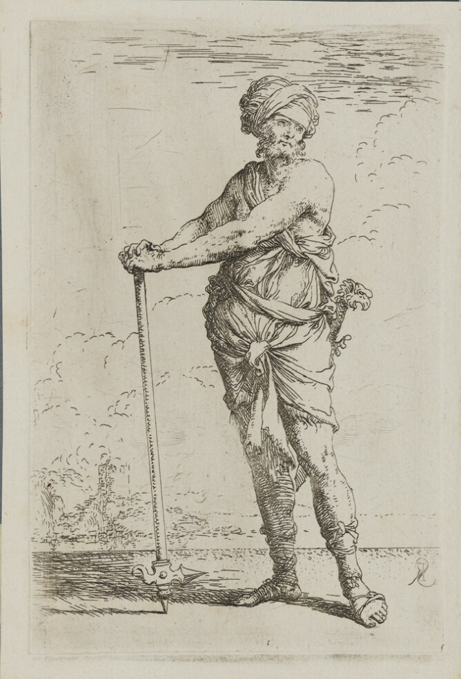 A black and white print of a standing man holding the top of an upside-down spear
