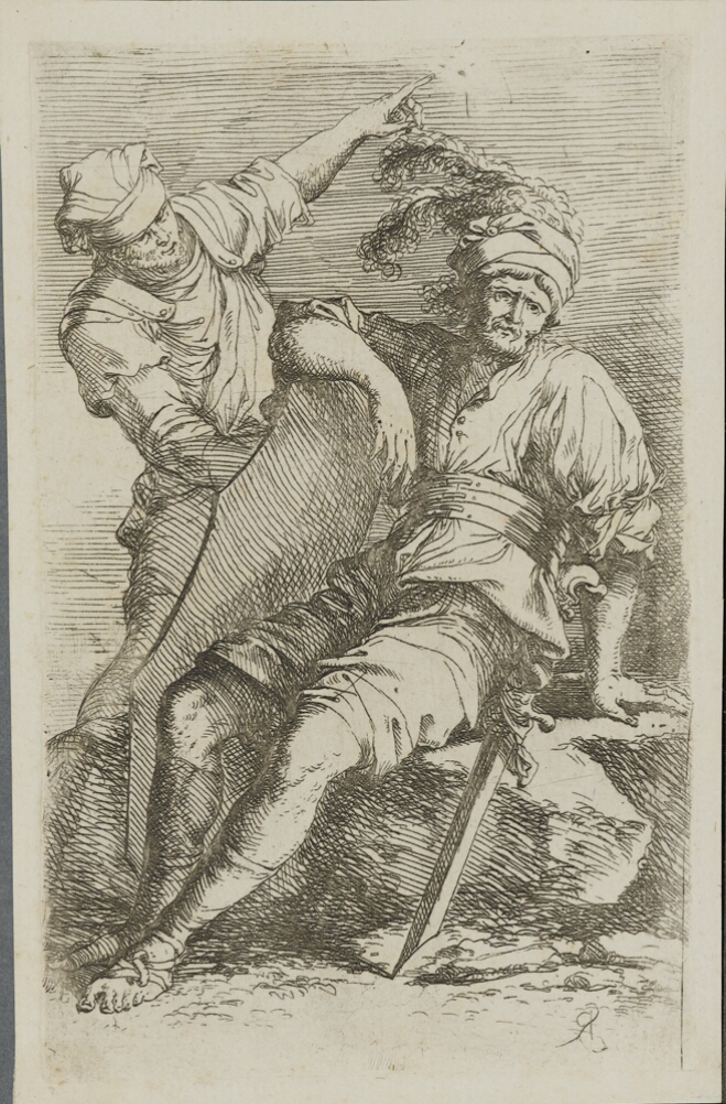 A black and white print of a man seated on a rock, resting his arm on his shield next to a standing man pointing upwards