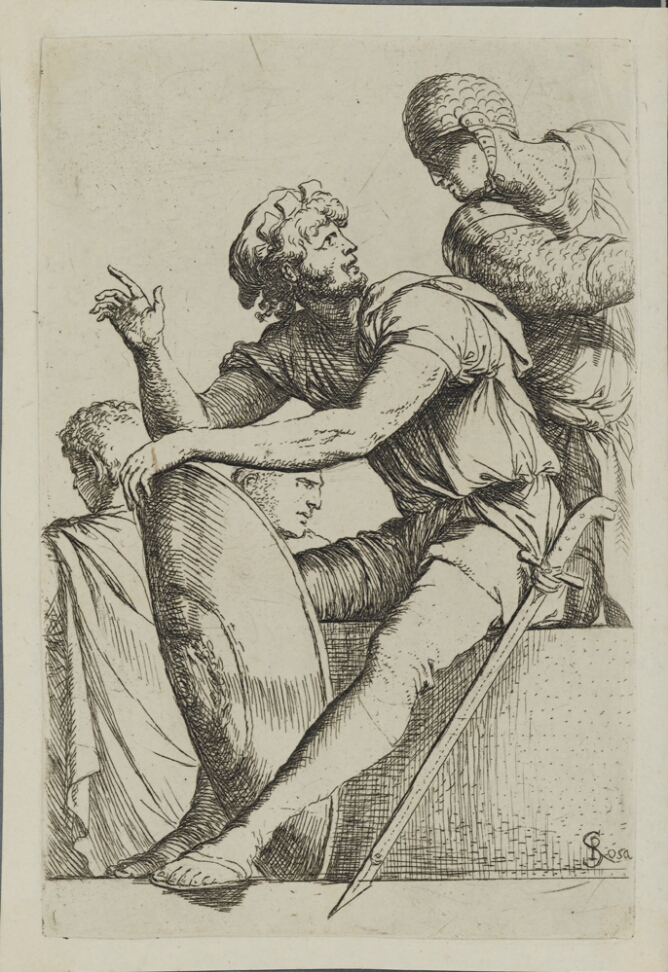 A black and white print of a man seated and resting his hand on his shield, engaging with another man behind him. Two other men are in the background