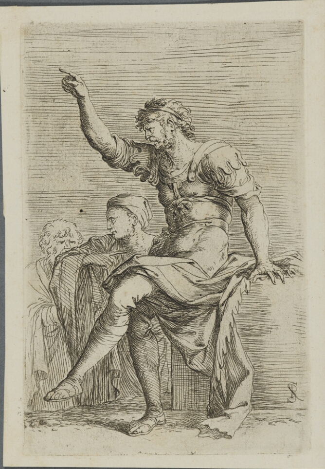 A black and white print of a seated man pointing to the viewers left, while another man points to him