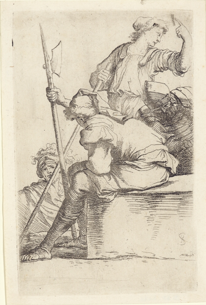A black and white print of a man sitting on a stone, holding a spear-like weapon, facing away from the viewer and towards another man below him. Beside him, a standing man points upwards