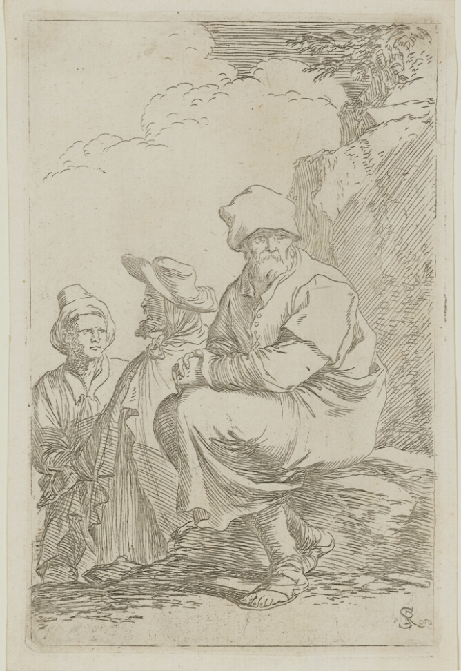 A black and white print of a man sitting on a stone facing away from two other men standing nearby