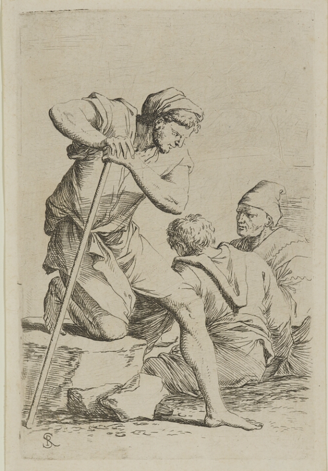 A black and white print of a man beside two other figures, holding onto a cane, with one knee on a stone and his other foot on the ground