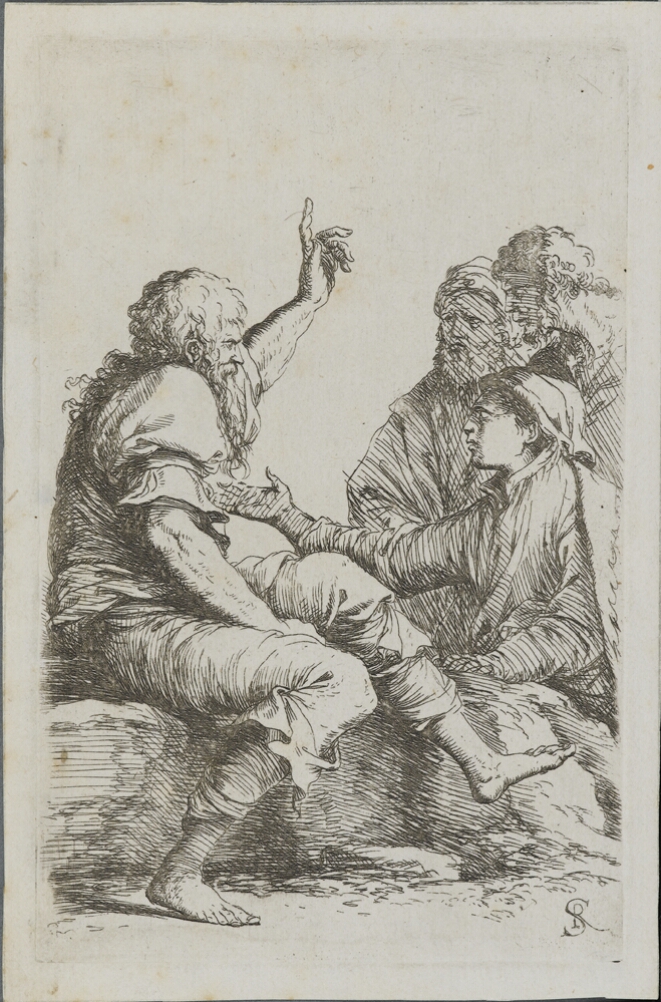 A black and white print of a man seated on a stone, pointing upwards and engaging with three other men