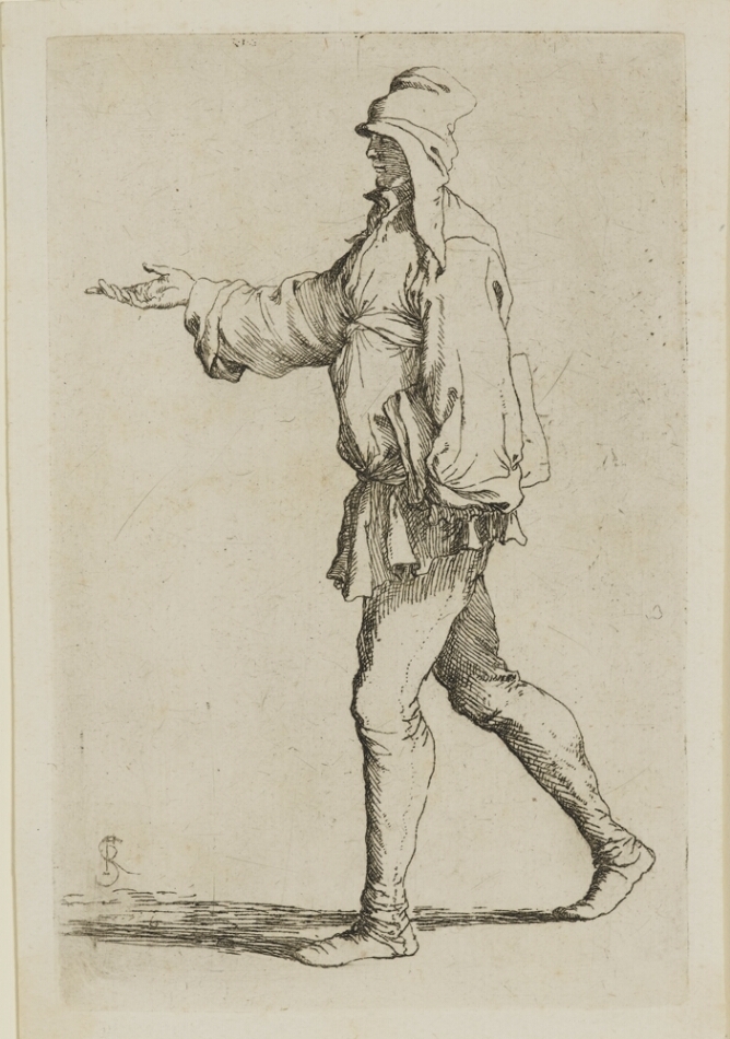 A black and white print of a man walking towards the viewer's left with his right arm extended
