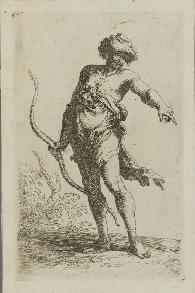 A black and white print of a man standing with a bow and pointing to the viewer's right