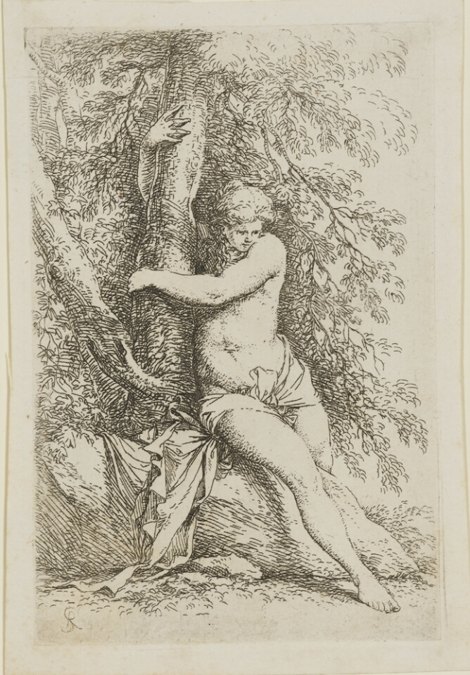 A black and white print of a nude woman sitting on a rock and holding onto a tree