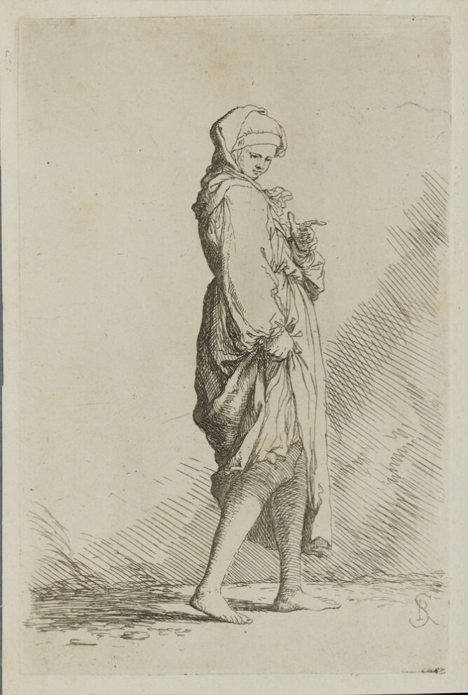 A black and white print of a young woman walking and pointing to the viewer's right