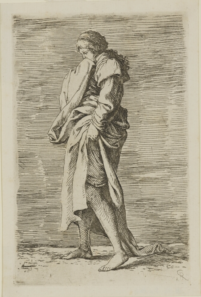 A black and white print of a young woman walking towards the viewer's left, with her hand covered by her sleeve and touching her mouth