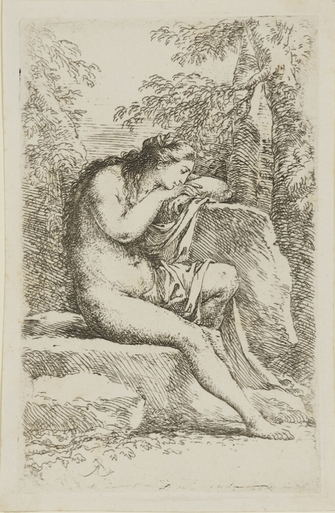 A black and white print of a nude woman seated on a rock with her head resting on her hands on a ledge