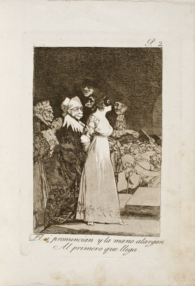 A black and white print of a woman wearing a mask being led by grotesque figures
