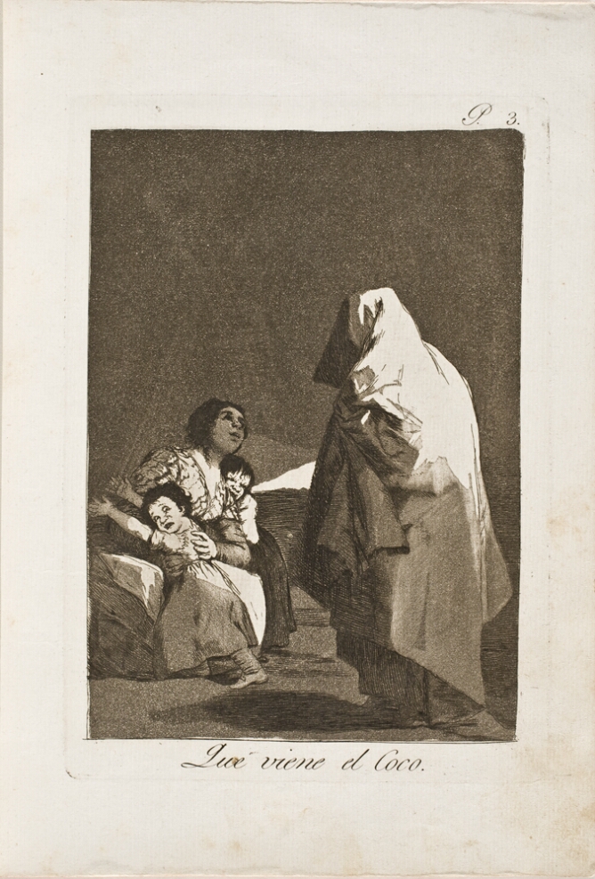 A black and white print of a shrouded figure approaching a woman and two terrified children