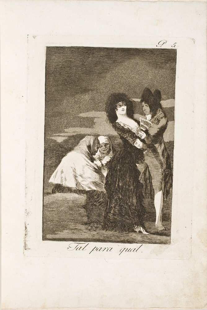 A black and white print of a standing young couple with two older figures sitting behind them
