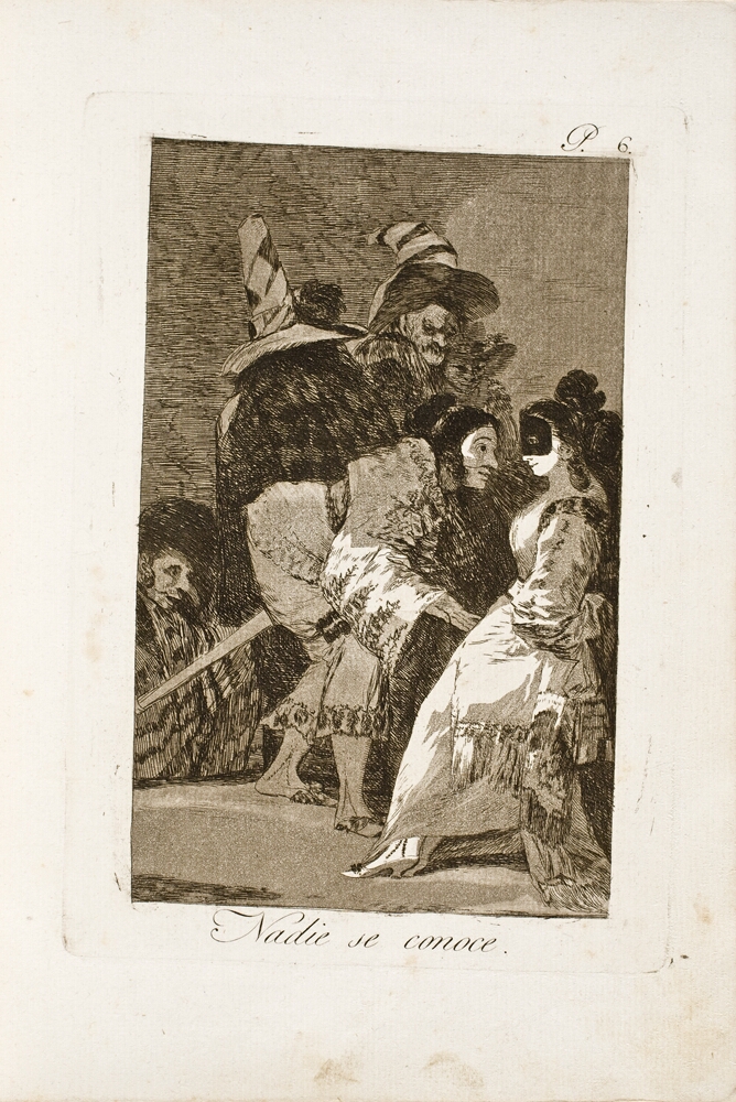 A black and white print of a masked figure bowing before a seated masked woman, with figures behind them