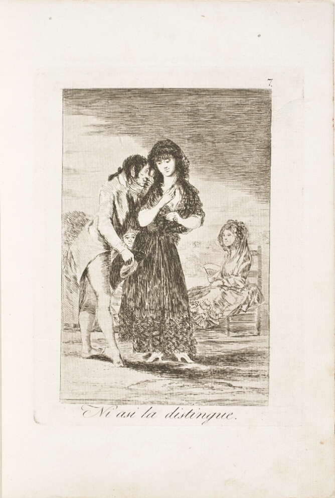 A black and white print of a man using his monocle to see the woman standing next to him, while figures watch from behind