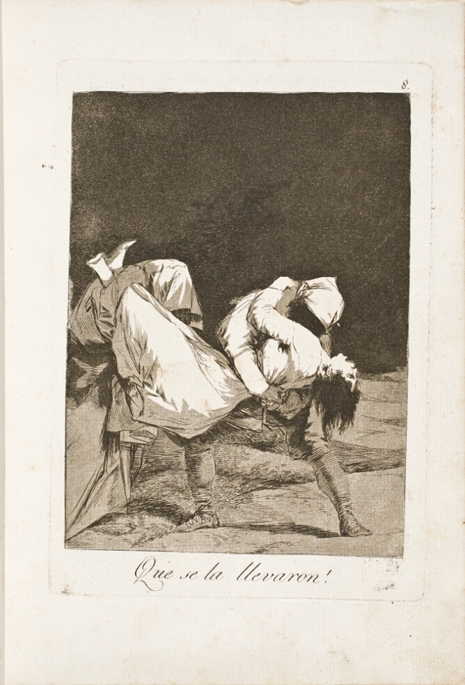 A black and white print of two hooded figures forcefully carrying a woman