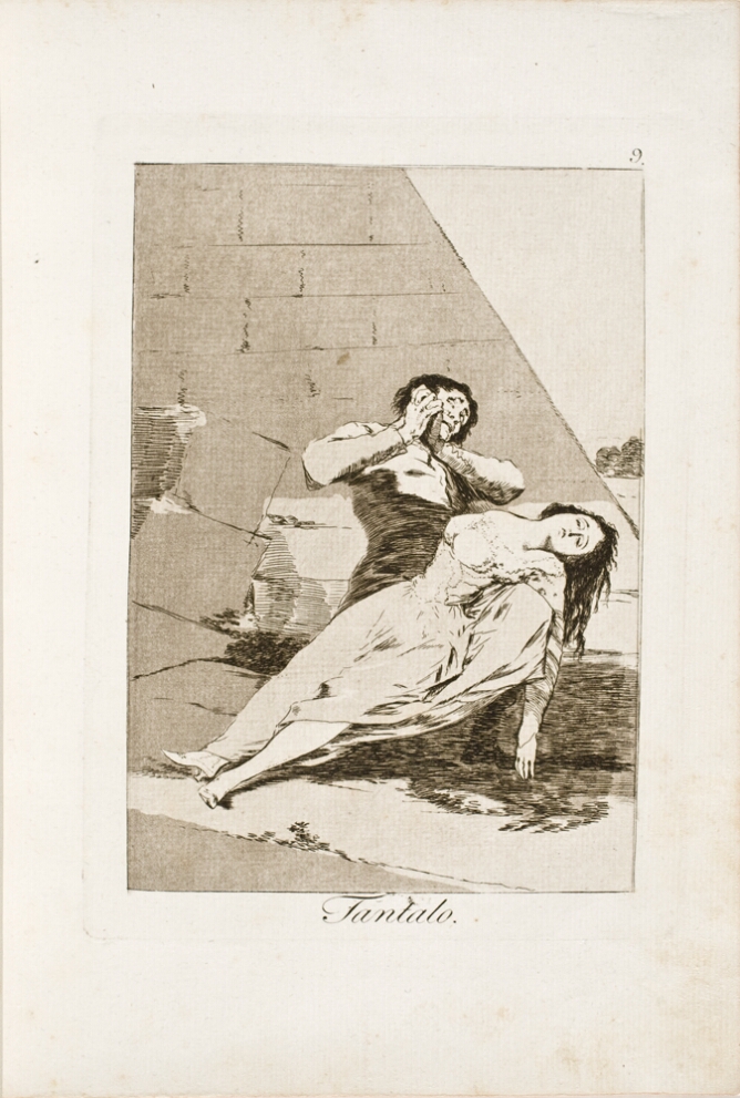 A black and white print of a woman's lifeless body lying across the lap of a distraught man