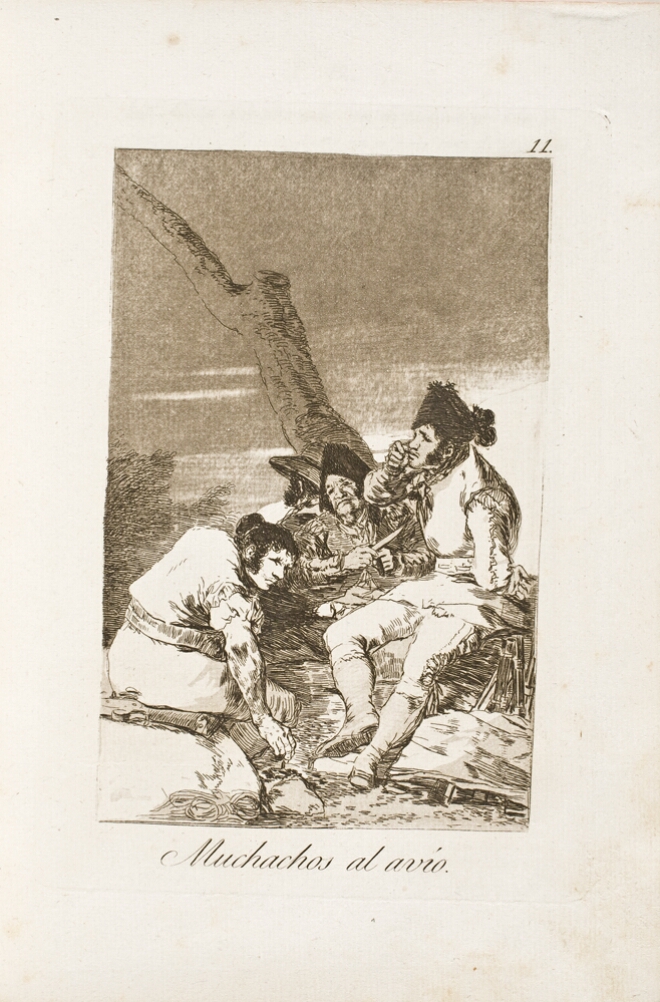 A black and white print of a group of men sitting by a tree. One man holds a knife, while another is smoking