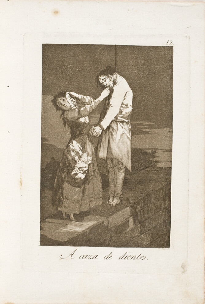 A black and white print of a standing woman facing away while reaching into the mouth of a hanged man