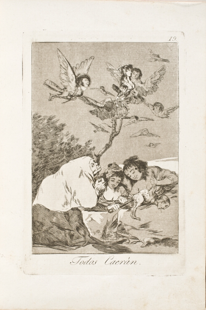 A black and white print of a seated older woman looking up as two seated younger women hold and poke a bird with a human head. Above them, other bird people fly in the sky