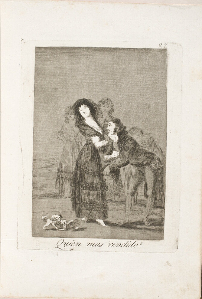 A black and white print of a standing woman facing away from a bowing man, with two small dogs in the foreground and figures in the background