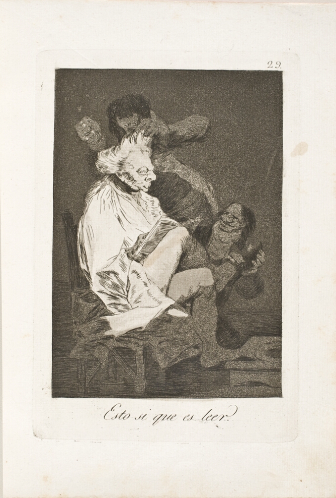 A black and white print of a seated grotesque figure getting their hair combed and shoe put on by two other figures