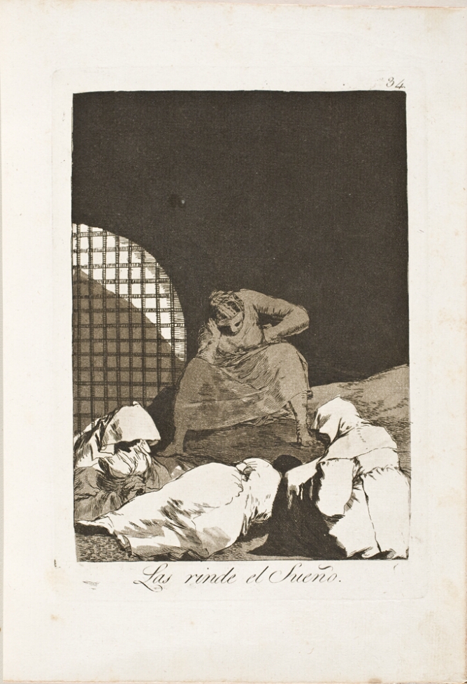 A black and white print of a group of women sleeping in a dark enclosure