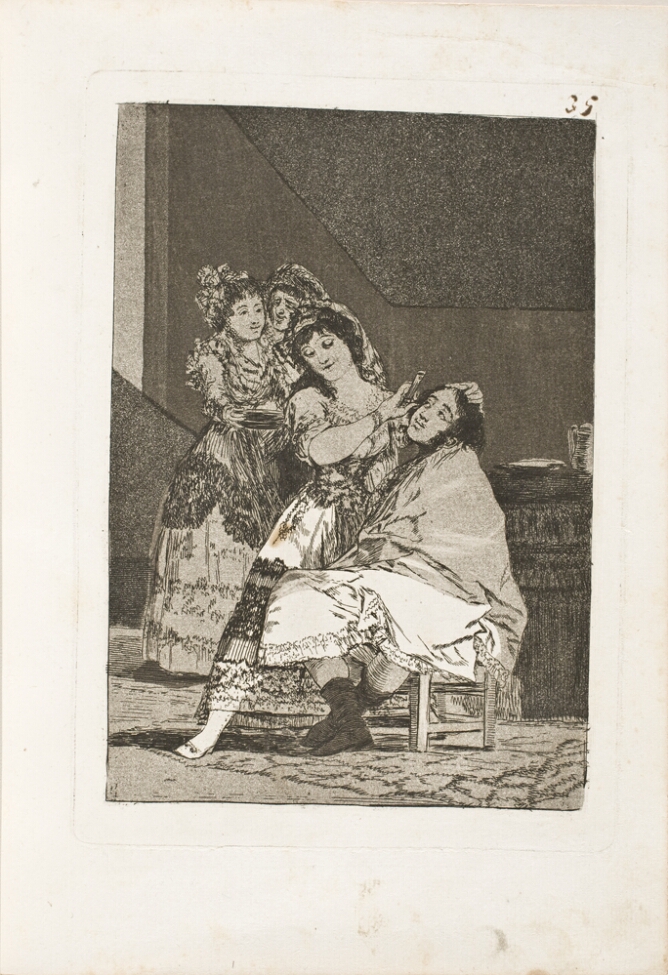 A black and white print of a seated man looking up at a woman shaving him, with two other women standing behind her