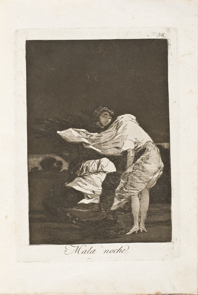 A black and white print of two women standing in strong winds, with one woman's garment blown over her head