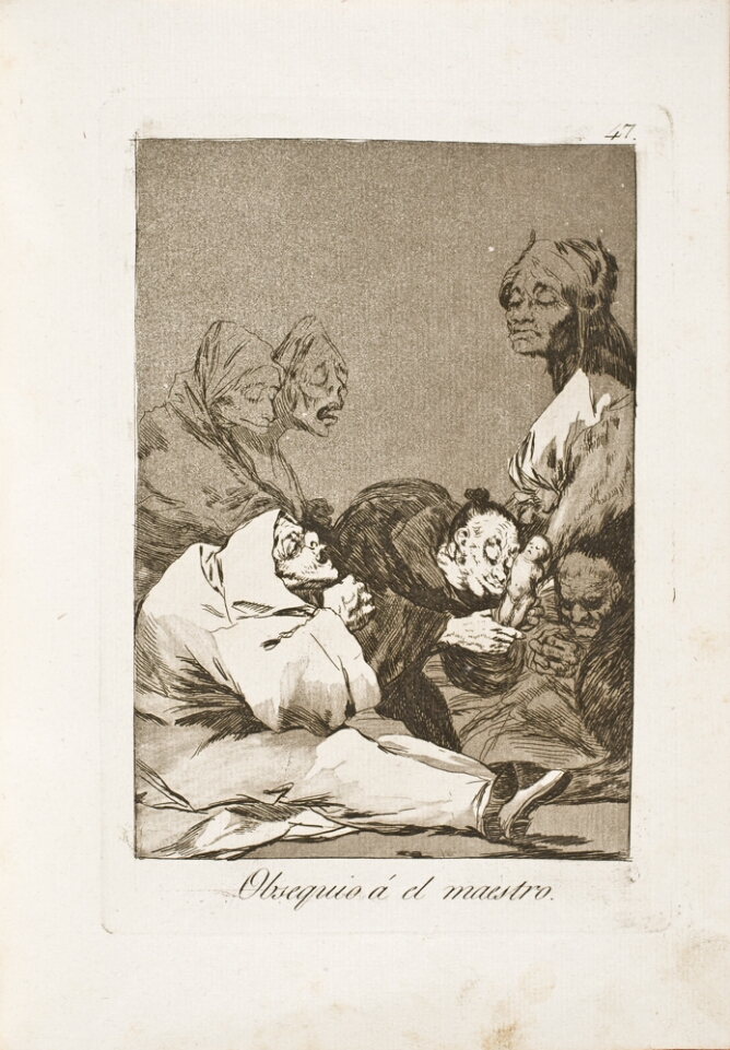 A black and white print of an older woman bent over, holding a tiny standing baby next to her cheek, while a hooded older figure sits on the ground beside her and other figures watch