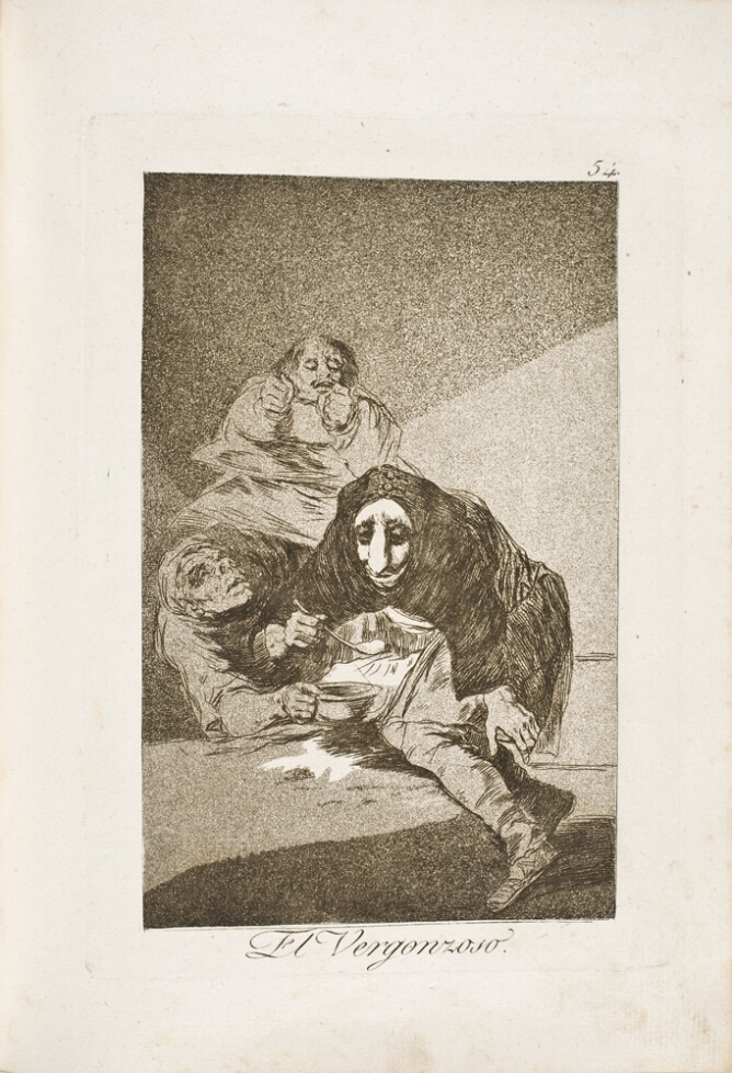 A black and white print of a cloaked figure with a long nose bending over a lying figure to eat from a bowl, while another figure watches