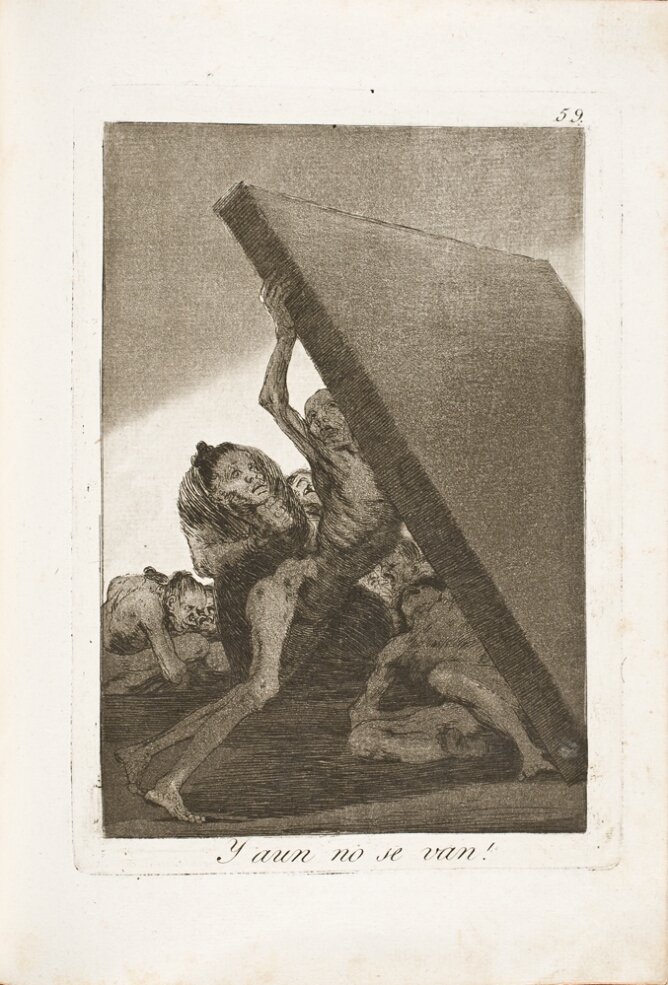 A black and white print of a nude skeletal figure trying to hold up a slab wall from falling on figures
