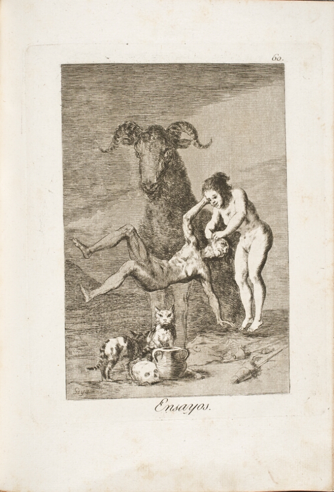 A black and white print of a levitating standing woman holding on to the ear of a man levitating on his side, with two cats, a pot and a skull below them. A large animal with curled antlers sits behind them