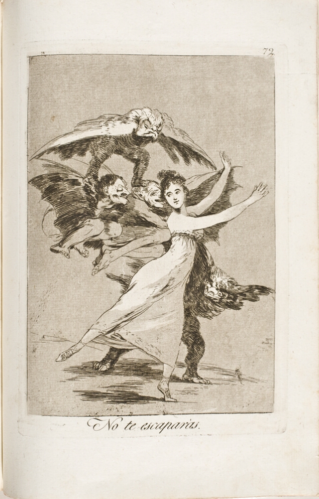 A black and white print of a woman standing gracefully on one foot with winged figures and creatures around her