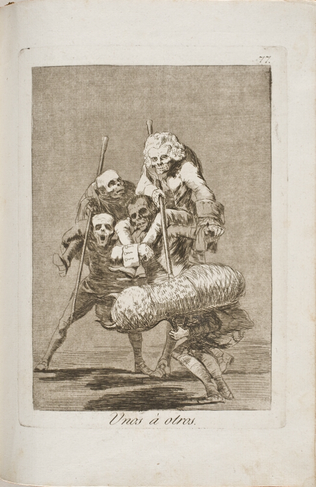 A black and white print of figures with skull-like heads, two of them holding sticks on the shoulder of the other two figures. Another figure crouches before them wearing a basket-like object with horns over their upper body